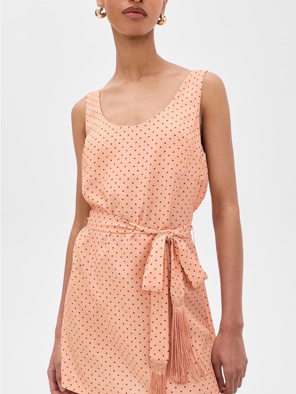 POSSE Evie Mini Dress - Polka Dot Peach Tie-Waist Sleeveless Dress